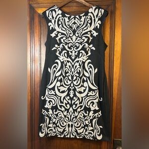 Julian Taylor Black & Cream Sleeveless Patterned Sheath Dress